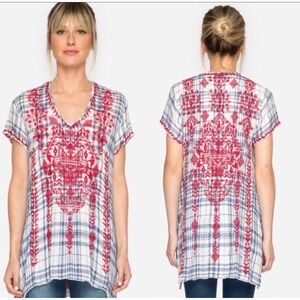 Johnny Was Workshop Misha Drape Plaid Embroidered Tunic Top‎ Blue Red XL